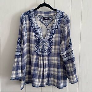 Johnny Was Navy and White Embroidered Blouse